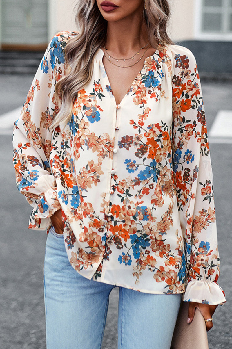 Kaynafashions - Sweet Elegant Floral Buttons V Neck Tops
