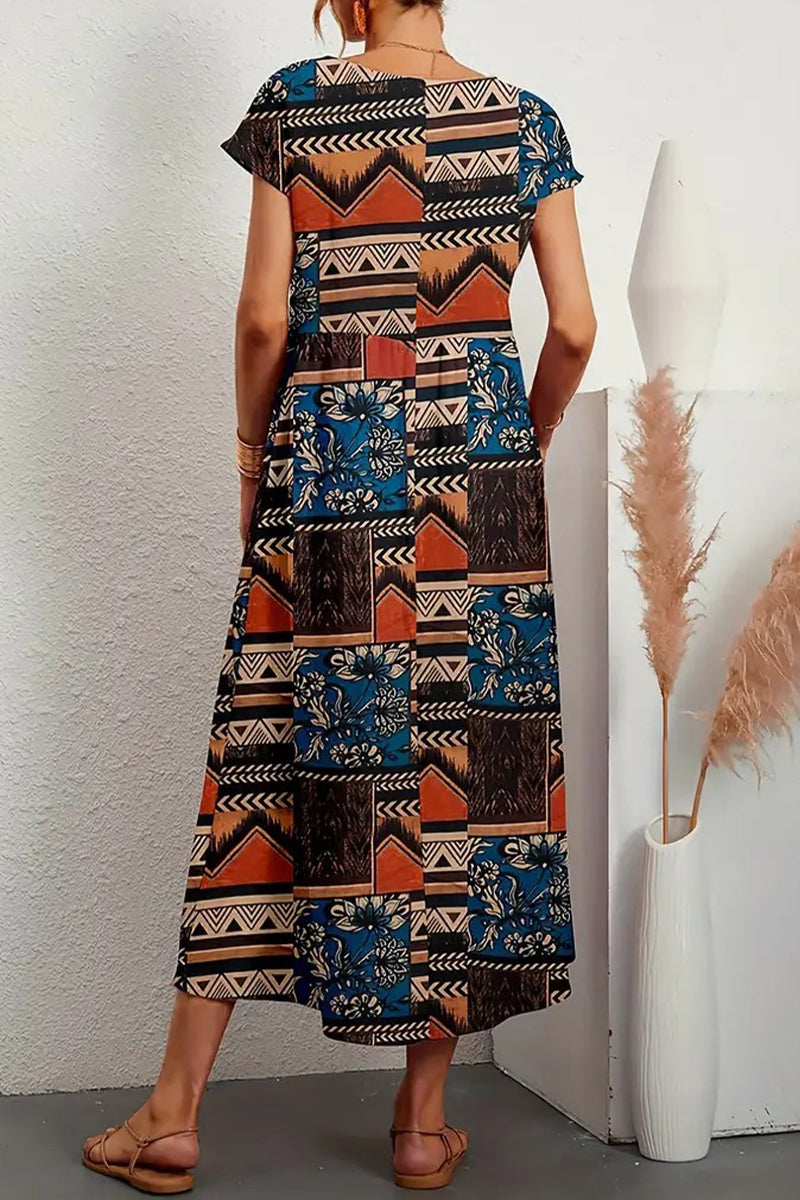 Kaynafashions - Casual Floral Pocket O Neck Printed Dress Dresses(9 Colors)