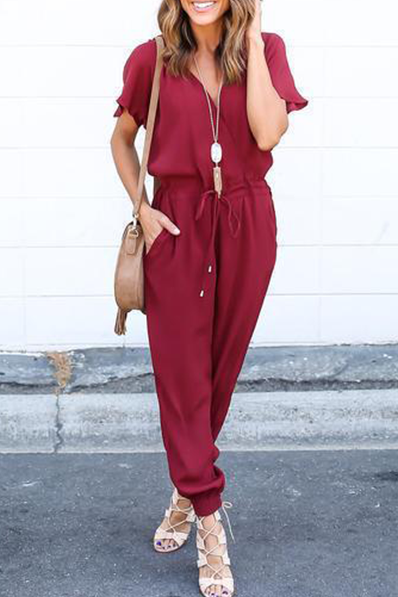 Kaynafashions - Casual Street Solid Frenulum V Neck Jumpsuits(3 Colors)