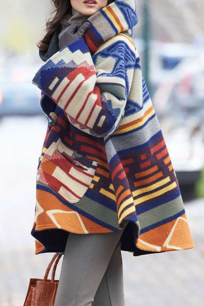 Kaynafashions - Elegant Geometric Print Patchwork Hooded Collar Outerwear