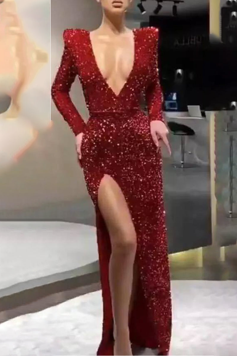 Kaynafashions - Sexy Formal Solid Sequined V Neck Evening Dress Dresses(3 Colors)