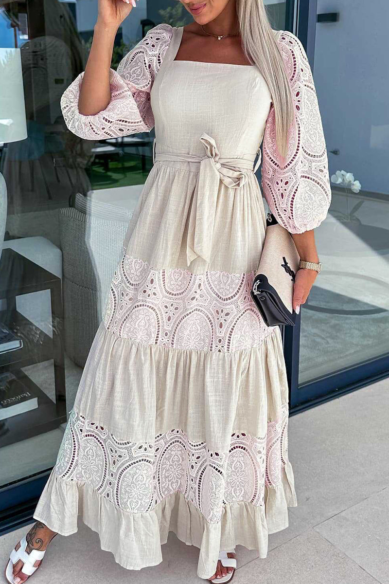 Kaynafashions - Elegant Solid Hollowed Out Frenulum Square Collar A Line Dresses