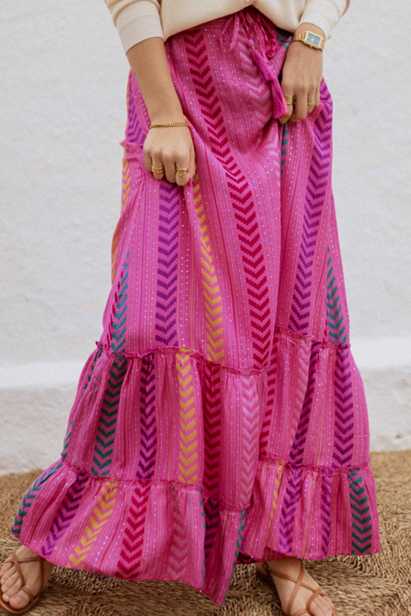 Kaynafashions - Coastal Comforts Ethnic Print Drawstring Elastic Waist Maxi Skirt