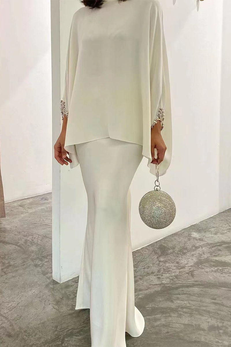 Kaynafashions - Celebrities Elegant Solid Pearl O Neck Long Sleeve Two Pieces