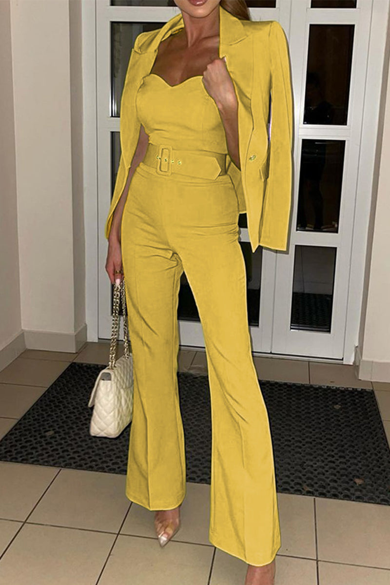 Kaynafashions - Work British Style Solid Buttons Turn-back Collar Long Sleeve Two Pieces