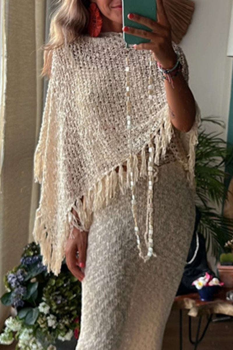 Kaynafashions - Vacation Solid Tassel Hollowed Out O Neck Outerwear