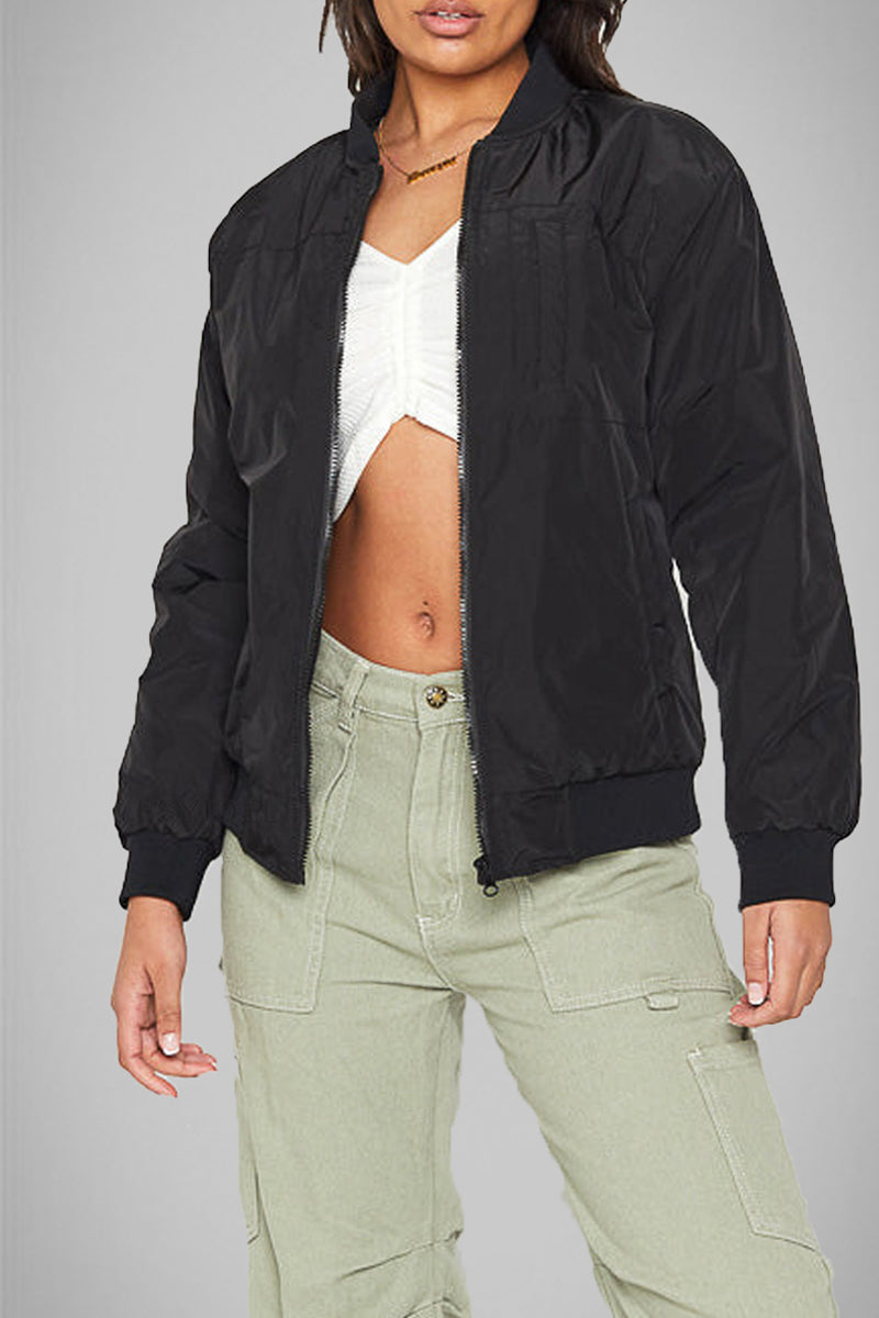 Kaynafashions - Street Solid Pocket Zipper U Neck Outerwear