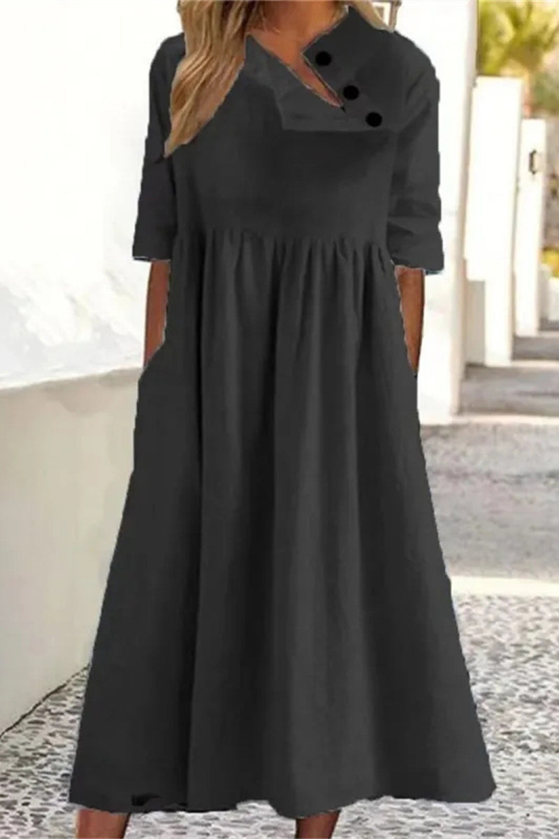 Kaynafashions - Casual Solid Pocket Buckle Oblique Collar A Line Dresses