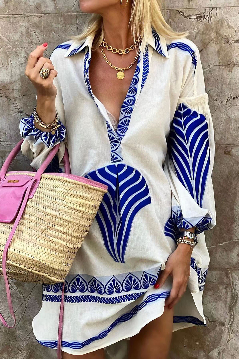 Kaynafashions - Casual Vacation National Totem Patchwork Fold V Neck Shirt Dress Dresses(4 Colors)