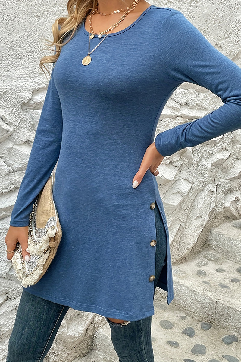 Kaynafashions - Casual Solid Buttons O Neck One Step Skirt Dresses