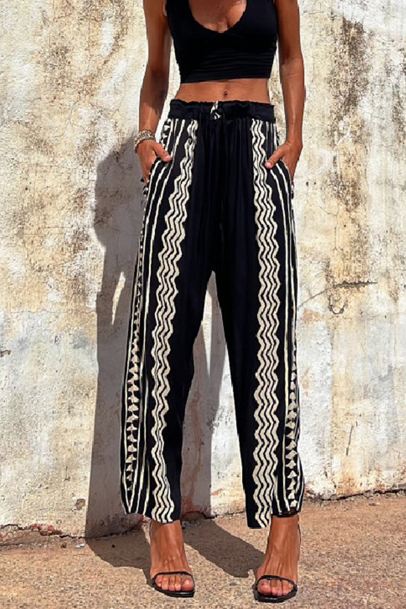 Kaynafashions - Casual Geometric Print Patchwork Loose Mid Waist Harlan Patchwork Bottoms