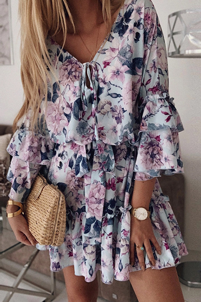 Kaynafashions - Fashion Print Patchwork V Neck Cake Skirt Dresses(3 colors)