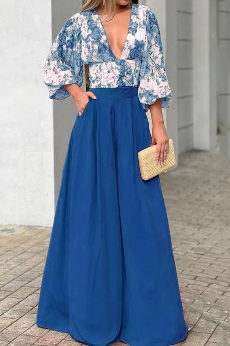 Kaynafashions - Sweet Elegant Print Printing V Neck Three Quarter Two Pieces