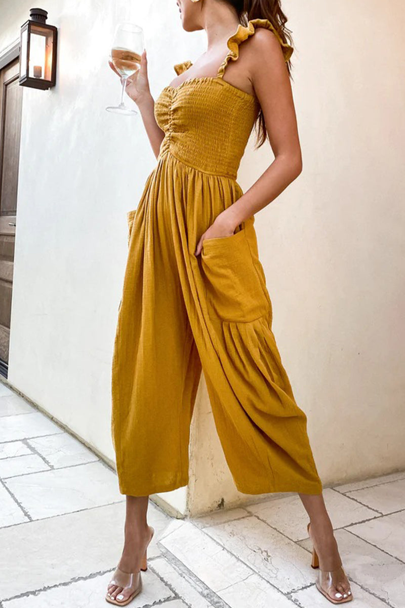 Kaynafashions - Casual Street Solid Patchwork Pocket Spaghetti Strap Straight Jumpsuits(4 Colors)