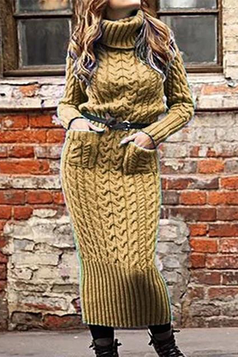 Kaynafashions - Work Striped Without Belt Solid Color Turtleneck Sheath Dresses