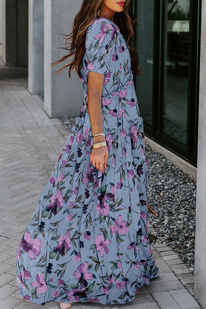Kaynafashions - Elegant Floral Patchwork V Neck A Line Dresses(4 Colors)