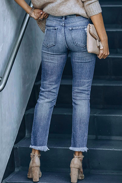 Kaynafashions - Casual Solid Tassel Ripped Pencil Bottoms