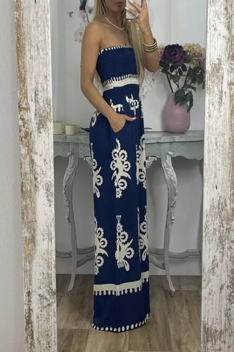 Kaynafashions - Sexy Print Pocket Strapless Loose Jumpsuits(3 Colors)
