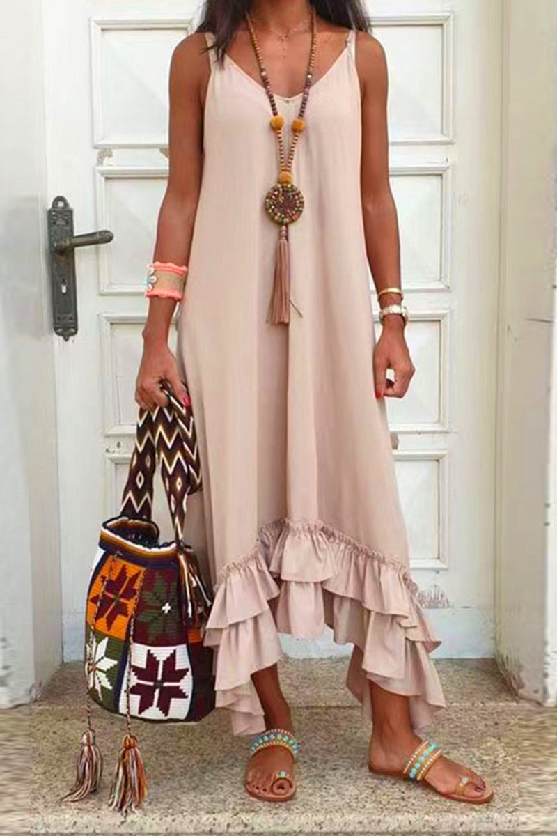 Kaynafashions - Casual Simplicity Solid Patchwork Flounce V Neck Sling Dress Dresses