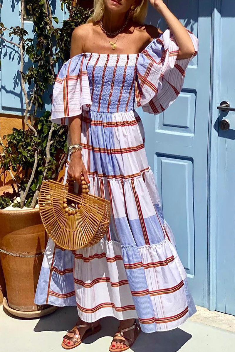 Kaynafashions - Fashion Print Patchwork Off the Shoulder Cake Skirt Dresses(3 Colors)