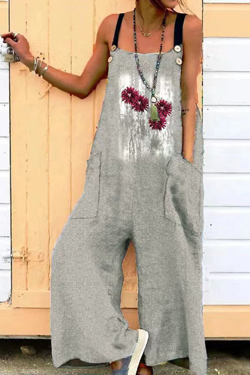 Kaynafashions - Casual Printing Spaghetti Strap Loose Jumpsuits(6 Colors)