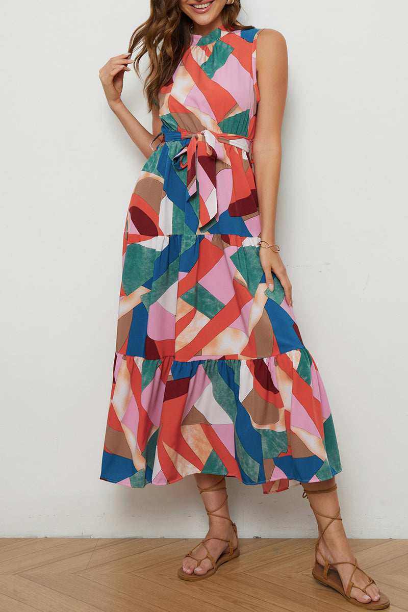 Kaynafashions - Elegant Geometric Print Patchwork Half A Turtleneck A Line Dresses