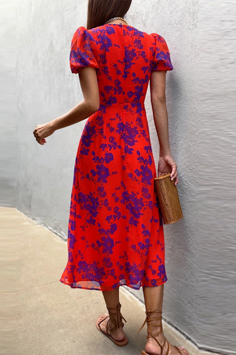 Kaynafashions - Sweet Elegant Print Printing V Neck A Line Dresses(6 Colors)