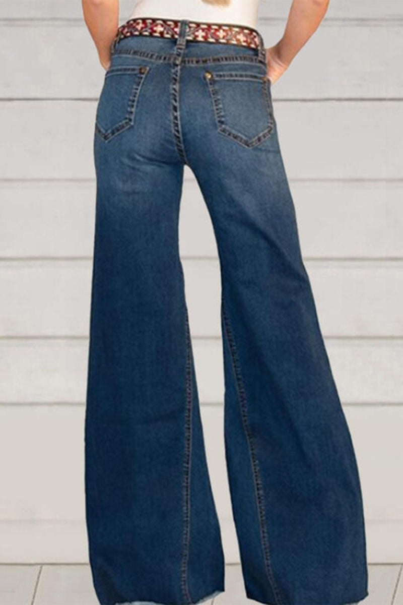 Kaynafashions - Street Solid High Waist Regular Denim Jeans(No Belt)