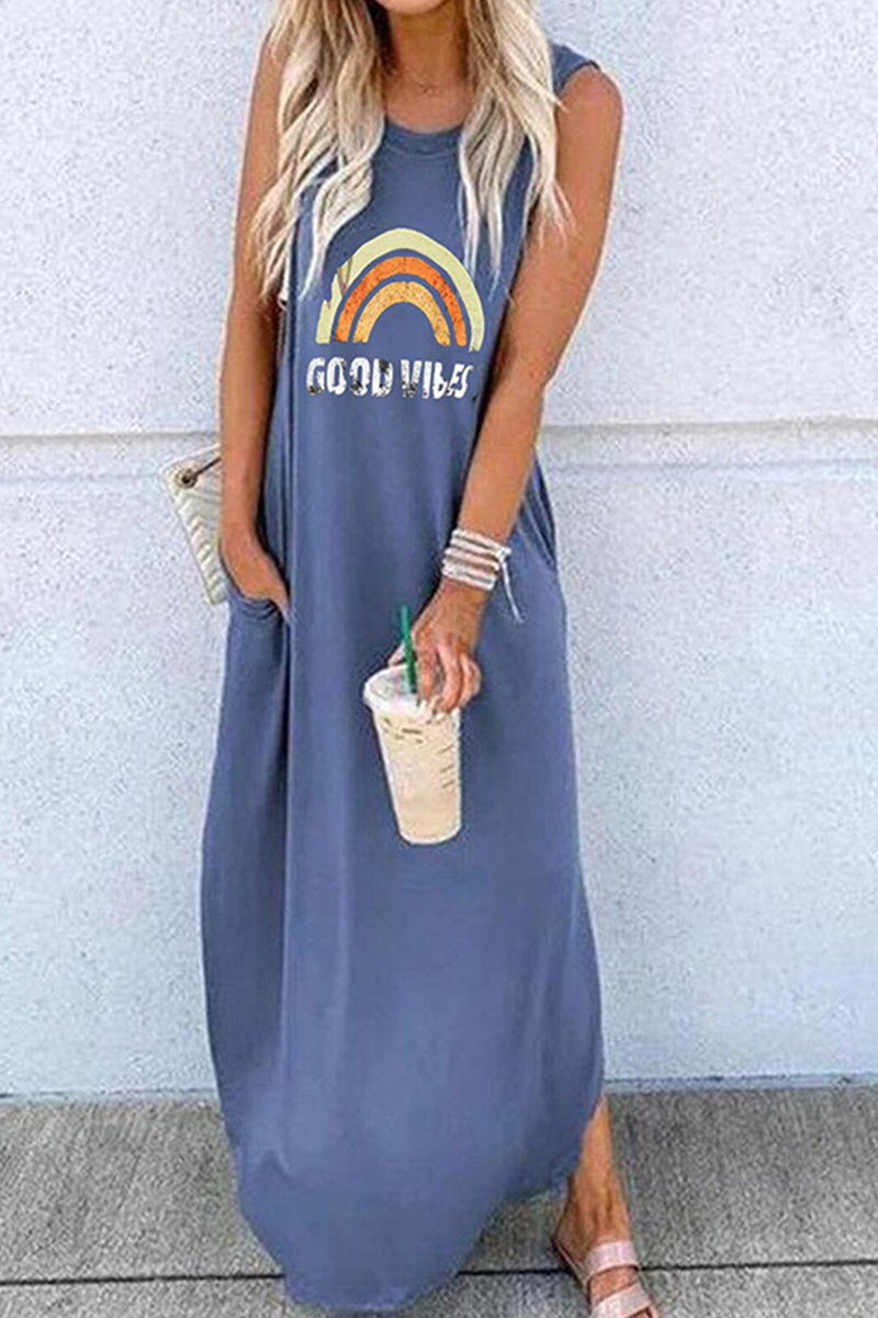 Kaynafashions - Casual Print Split Joint O Neck Straight Dresses(9 colors)