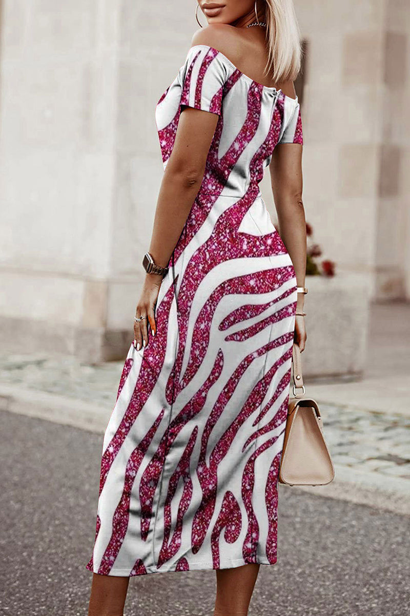 Kaynafashions - Sexy Elegant Print Patchwork Slit Off the Shoulder Printed Dress Dresses