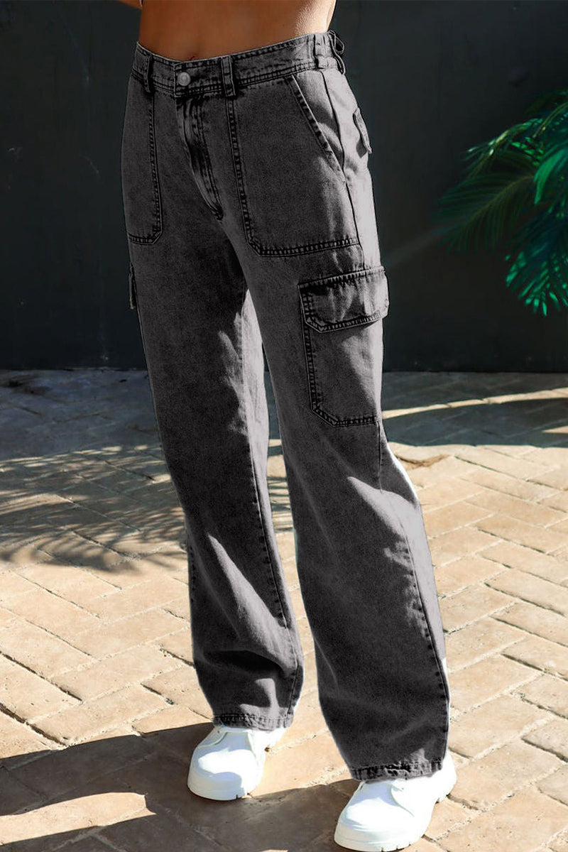 Kaynafashions - Casual Street Solid Pocket Loose Denim Jeans