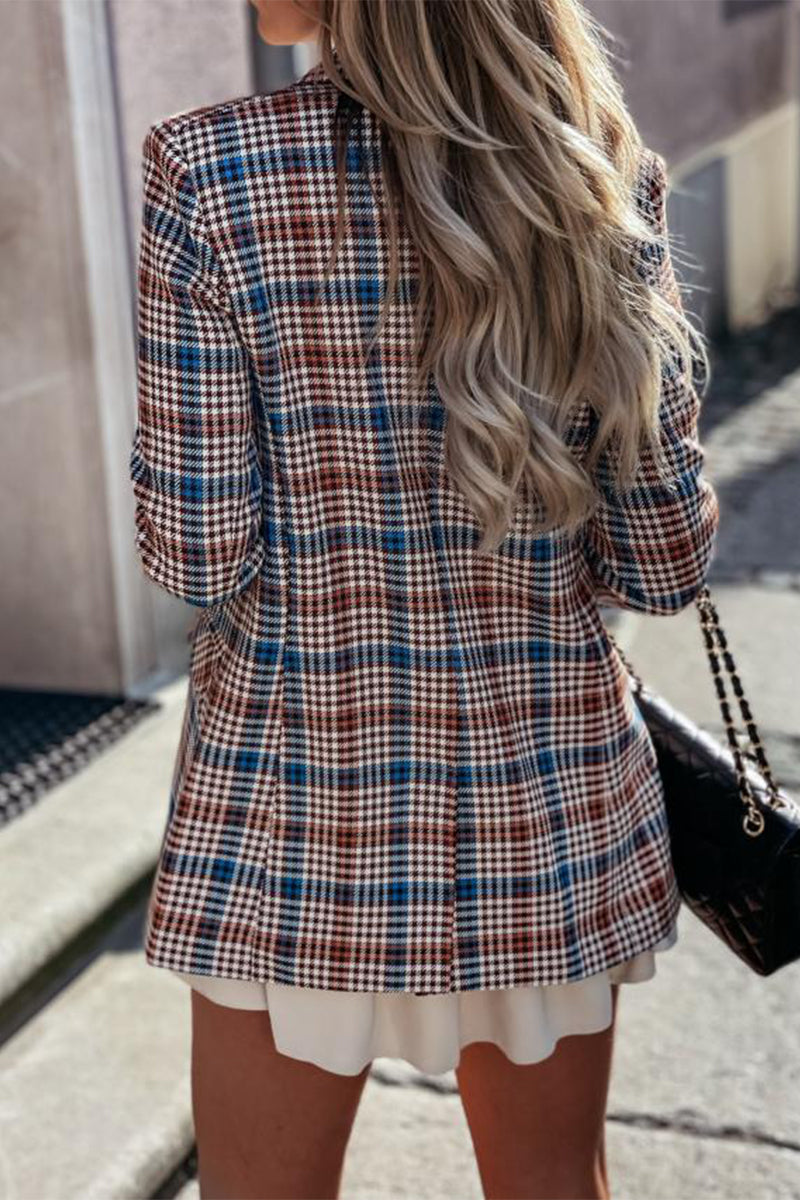 Kaynafashions - Work Elegant Plaid Print Patchwork Turn-back Collar Outerwear