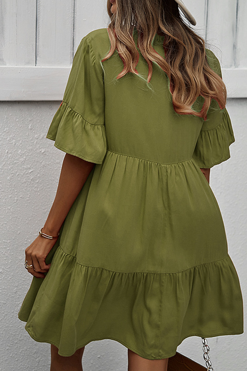 Kaynafashions - Casual Solid Patchwork V Neck Cake Skirt Dresses(4 colors)