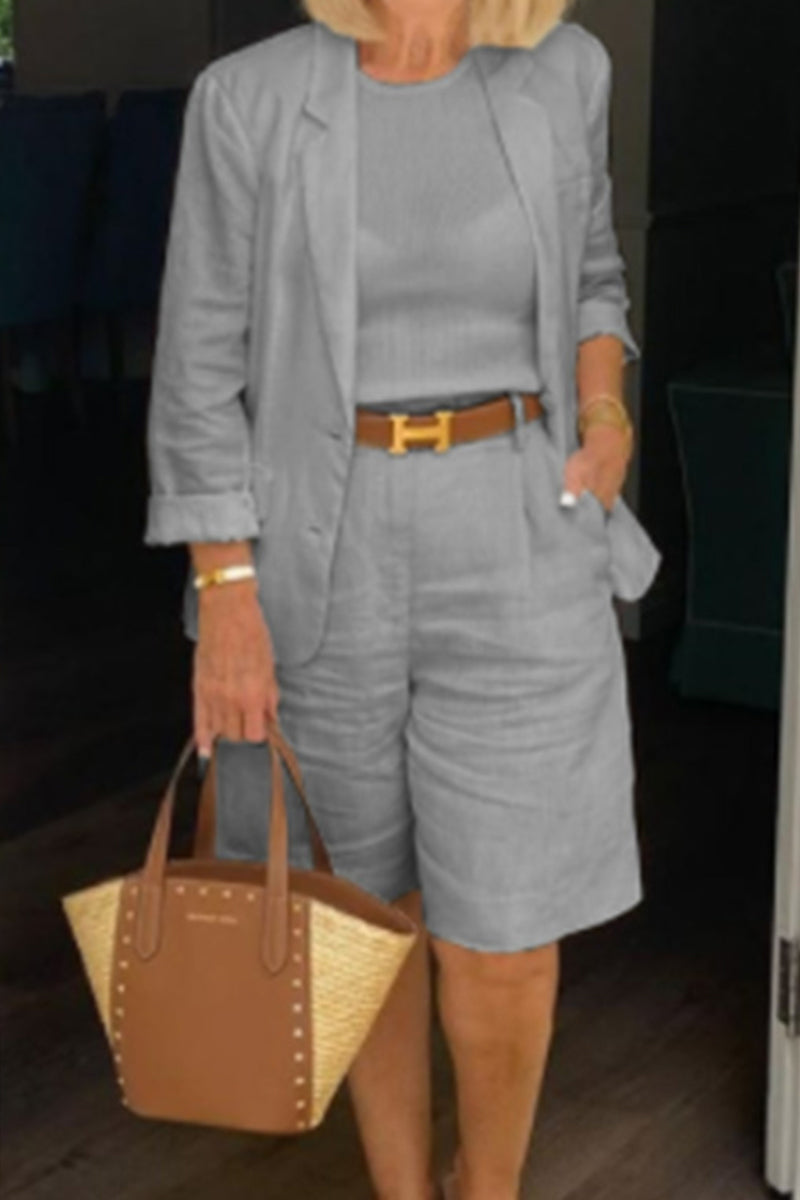 Kaynafashions - Casual Simplicity Solid Color Turn-back Collar Nine Points Sleeve Two Pieces(4 Colors)