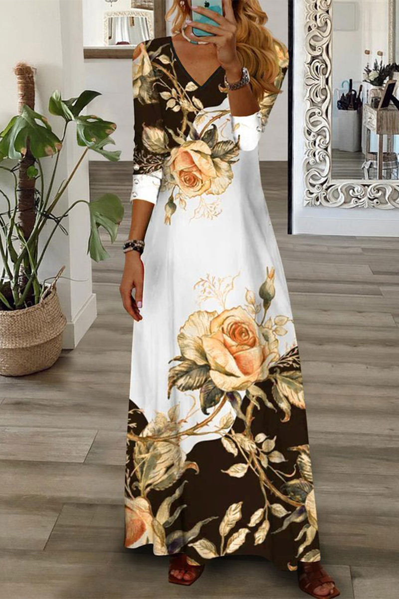 Kaynafashions - Elegant Floral Buttons V Neck A Line Dresses
