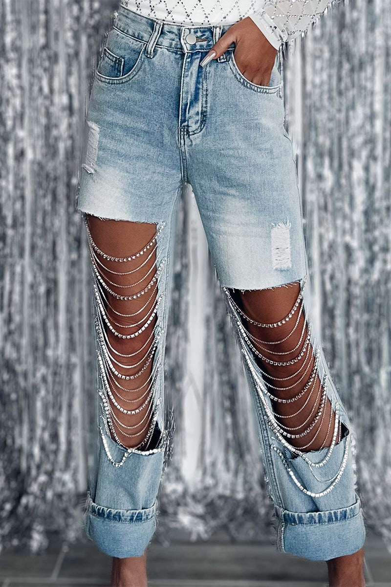 Kaynafashions - Street Solid Ripped Chains Loose Denim Jeans