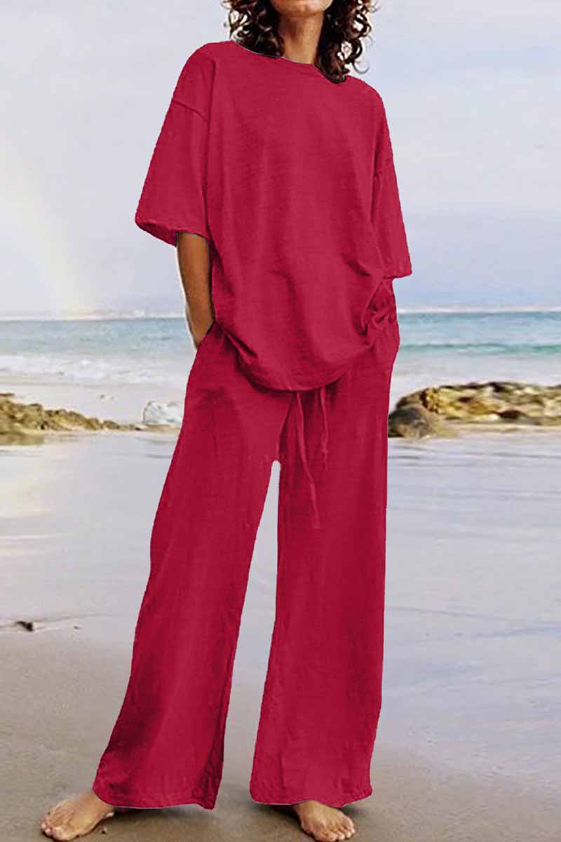 Kaynafashions - Casual Living Solid O Neck Short Sleeve Two Pieces(11 Colors)