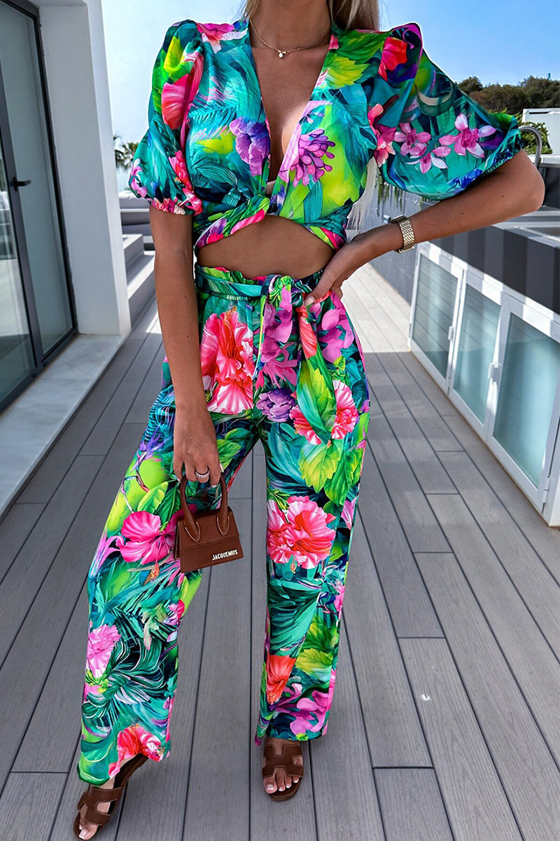 Kaynafashions - Casual Street Floral Patchwork V Neck Half Sleeve Two Pieces(3 Colors)