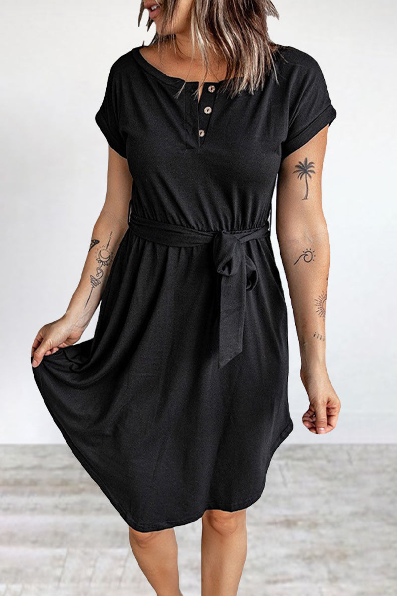 Kaynafashions - Casual Daily Solid Buttons O Neck Short Sleeve Dress Dresses