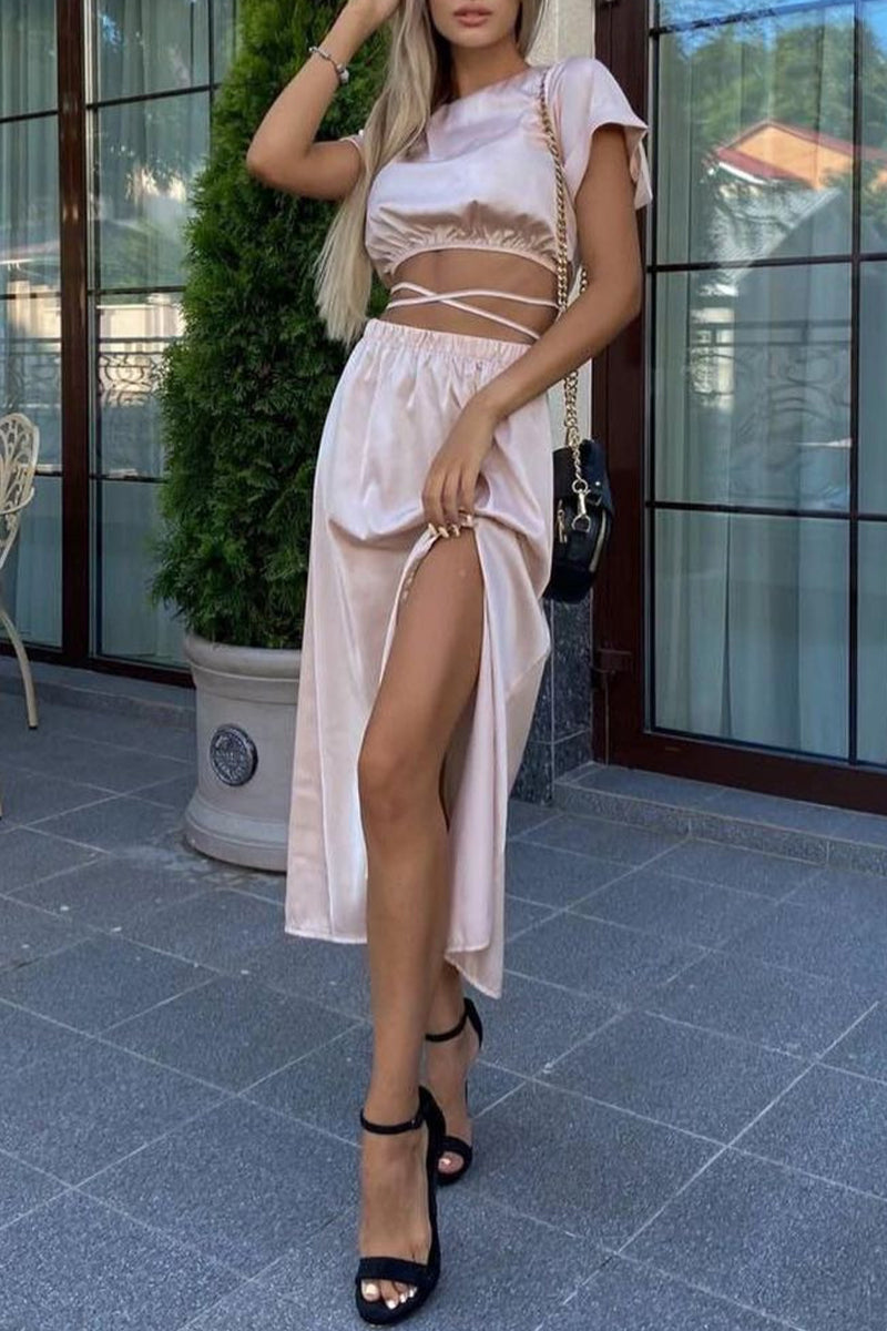 Kaynafashions - Sexy Solid Frenulum Slit O Neck Short Sleeve Two Pieces