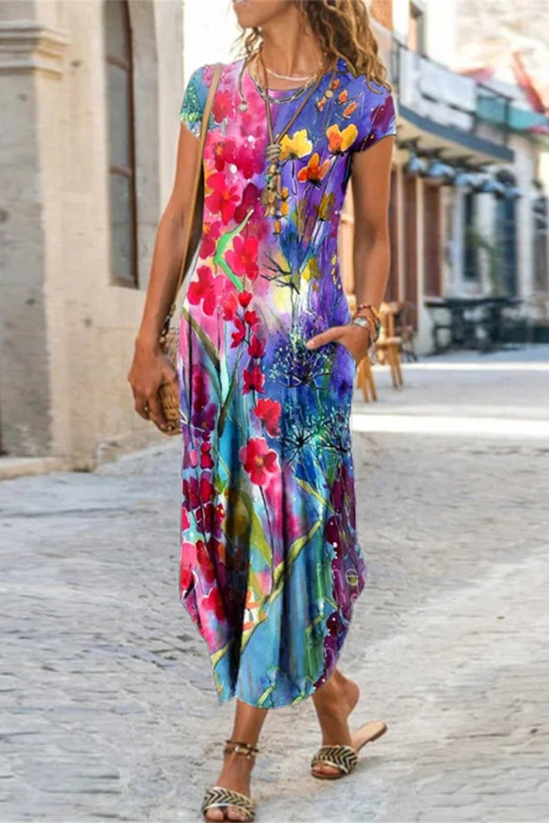 Kaynafashions - Casual Street Print Patchwork O Neck Short Sleeve Dress Dresses(10 Colors)