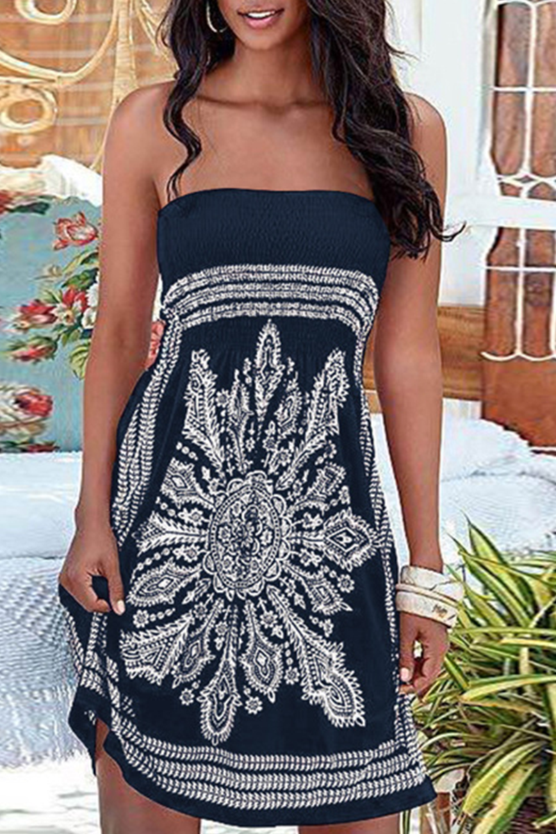 Kaynafashions - Vintage Print Patchwork Strapless Straight Dresses(6 colors)