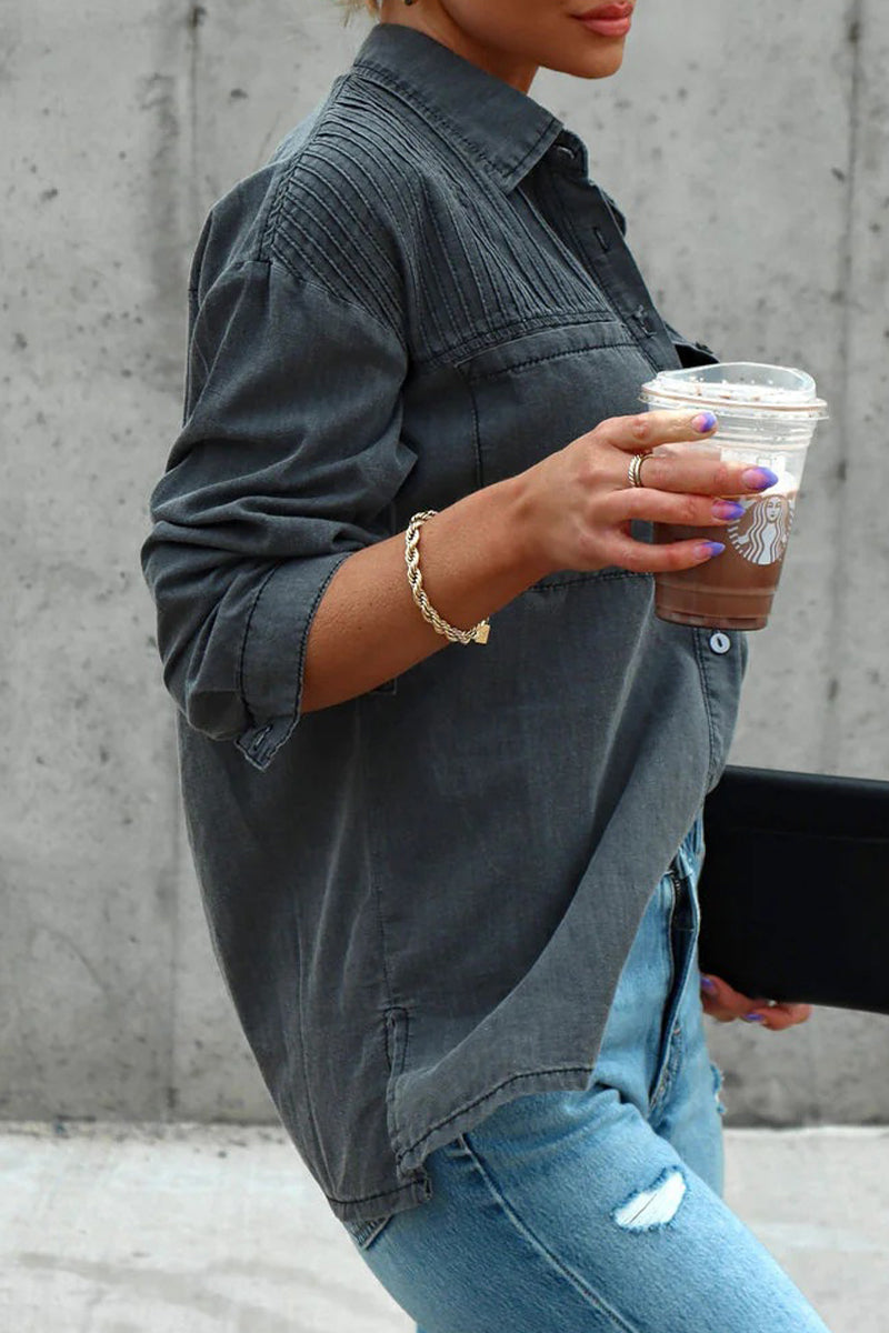 Kaynafashions - Casual Street Solid Fold Turndown Collar Tops