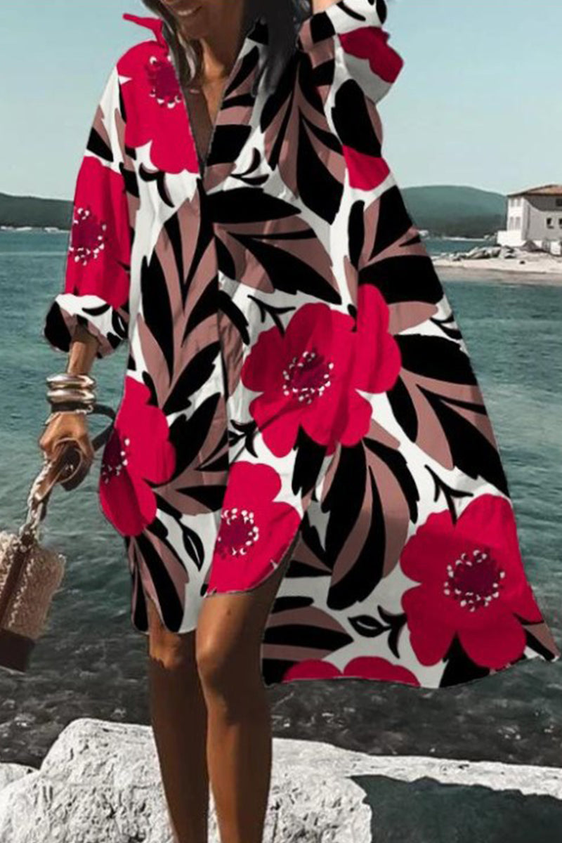 Kaynafashions - Casual Print Contrast Turndown Collar Shirt Dress Dresses(9 Colors)