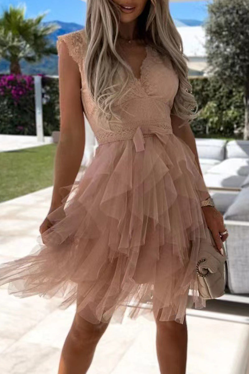 Kaynafashions - Sweet Elegant Solid Mesh V Neck Irregular Dress Dresses(3 Colors)