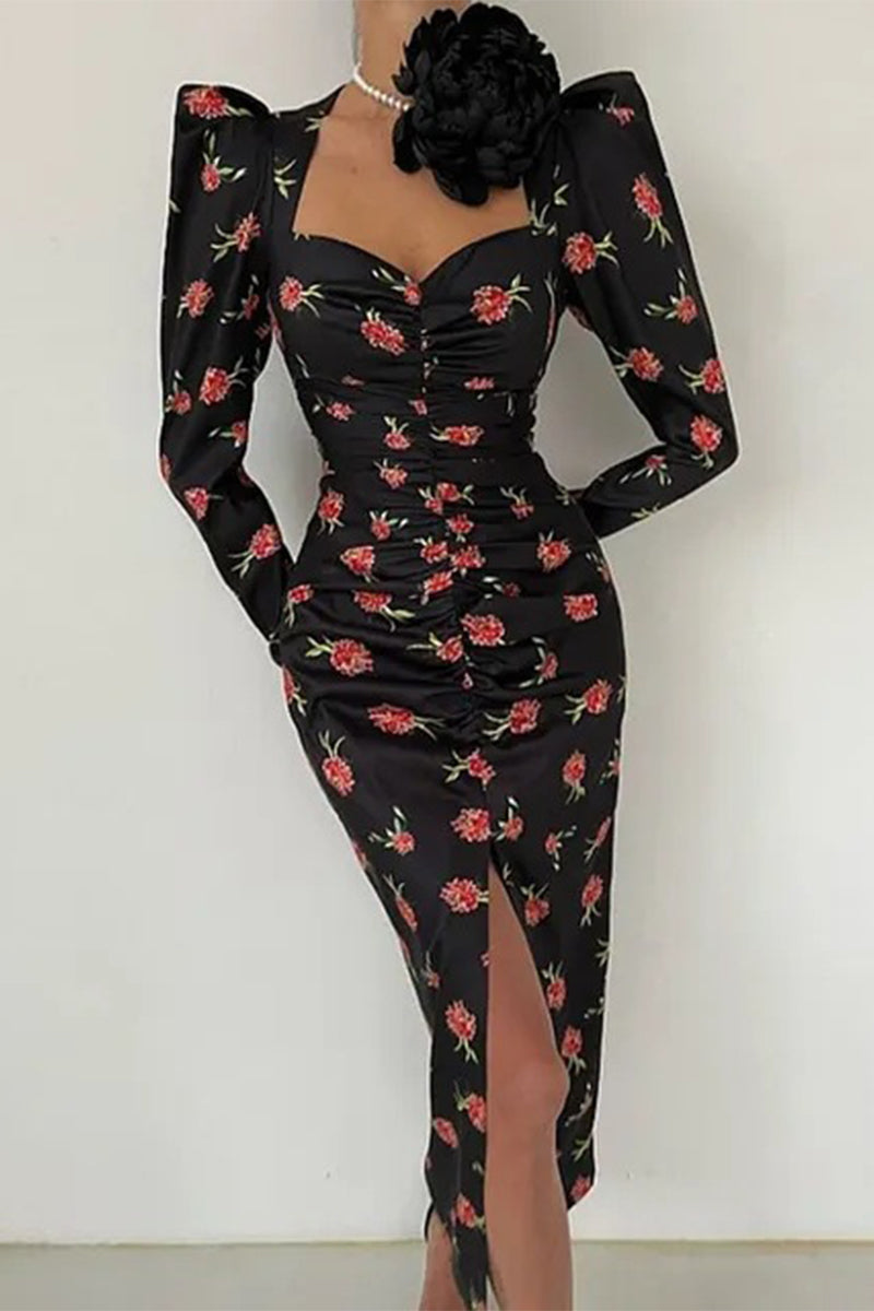 Kaynafashions - Elegant Print Fold Square Collar Printed Dress Dresses(3 Colors)
