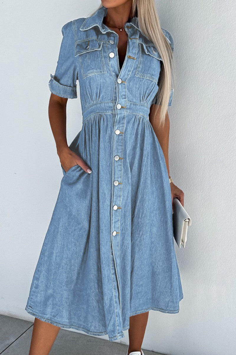 Kaynafashions - Casual Solid Patchwork Turndown Collar Short Sleeve High Waist Regular Denim Dresses