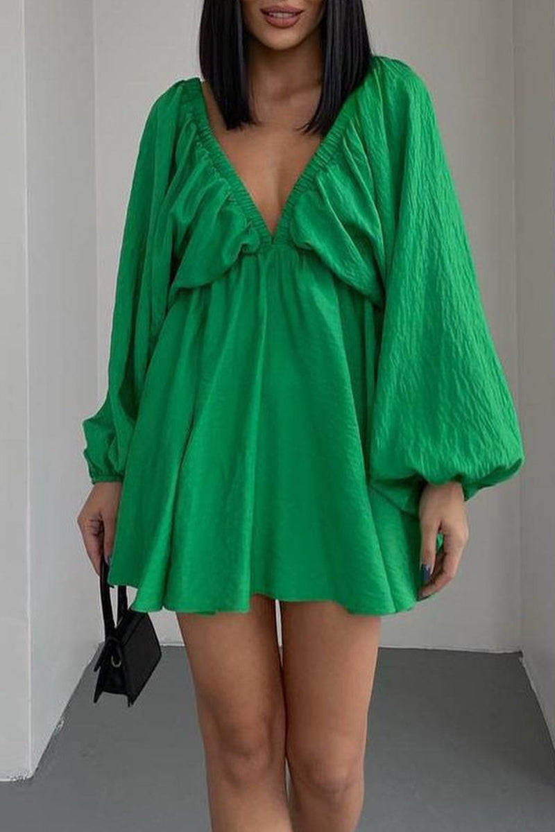 Kaynafashions - Sexy Simplicity Solid Flounce Fold V Neck Long Sleeve Dresses