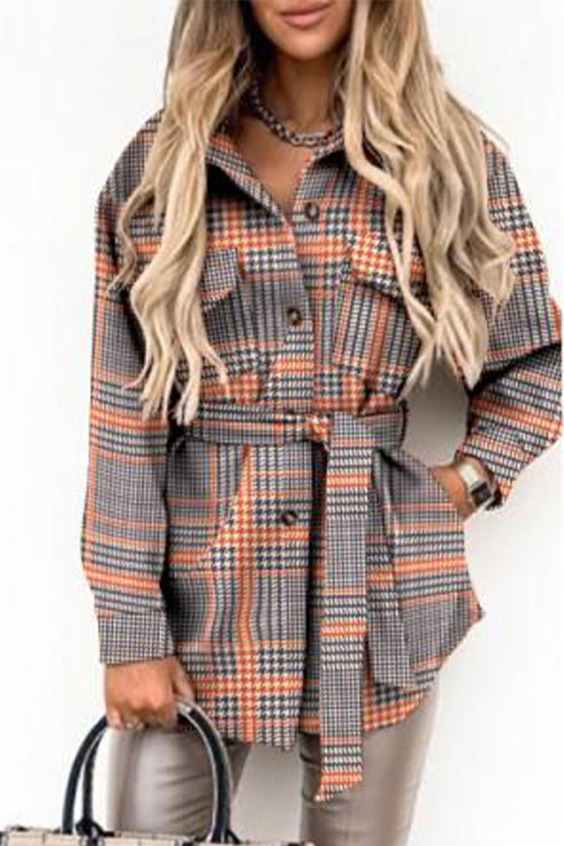 Kaynafashions - Street Plaid Buckle With Belt Turndown Collar Outerwear(5 Colors)