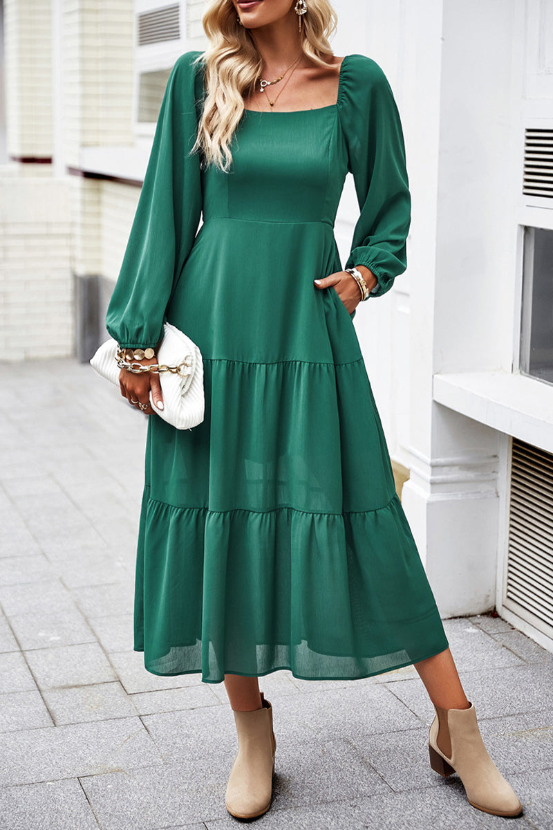 Kaynafashions - Celebrities Elegant Solid Patchwork Square Collar A Line Dresses